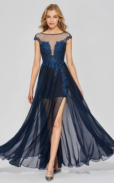 Sexy Split Front Bateau Chiffon Gown with Lace Applique A-line Deep V-back