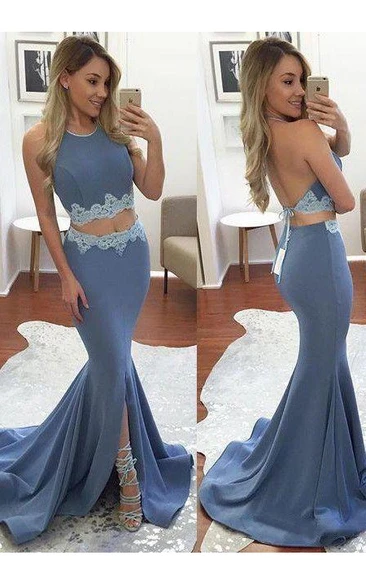 Halter Lace Dress Sleeveless Sweep Brush Train Mermaid Trumpet Satin