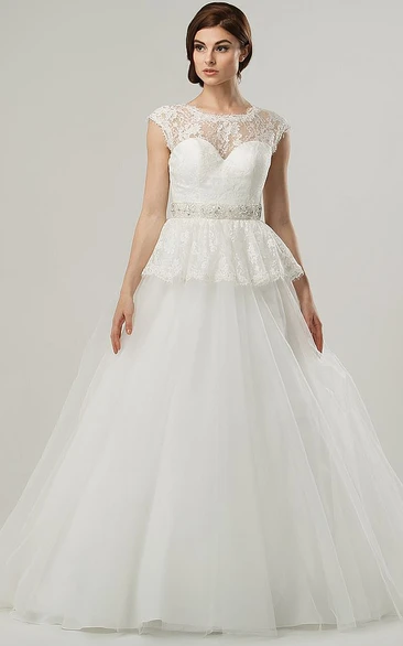 Cap-Sleeve Ball Gown Tulle Wedding Dress with Lace and Peplum Jeweled