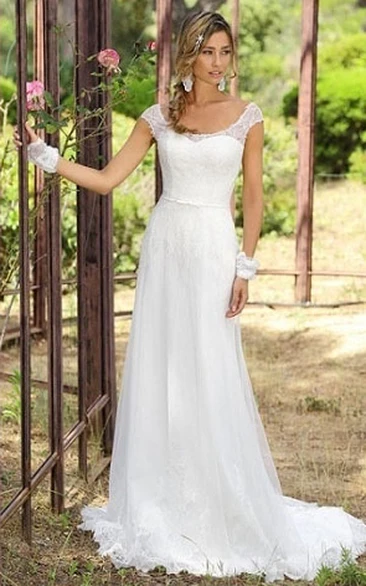 Cap-Sleeve Tulle Wedding Dress with Lace and Sweep Train Sheath Wedding Dress