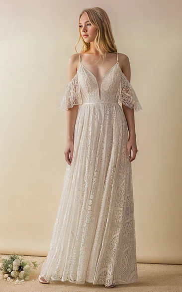 Bohemian Lace A-Line Plunging Neckline Off-the-shoulder Sexy Beach Country Floor-length Spaghett Open Back Wedding Bridal Dress