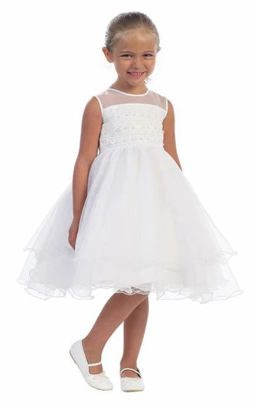 Illusion Embroidered Midi Organza Flower Girl Dress