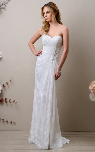 Sweetheart Lace Column Gown with Beadwork and Side Draping