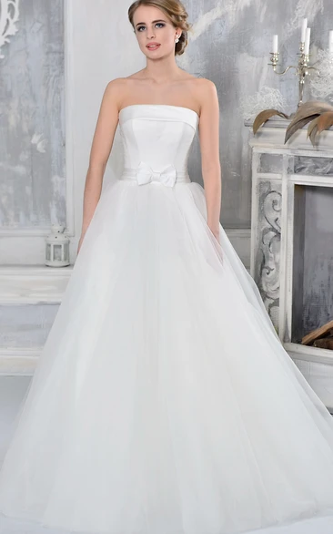 Satin & Tulle A-Line Strapless Wedding Dress with Bow Elegant Bridal Gown