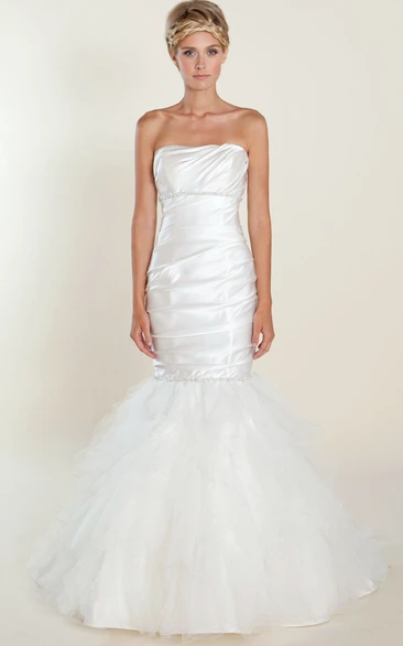 Strapless Satin Wedding Dress with Ruffles and Beading Trumpet Long Sleeveless Ruched