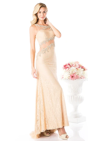 Scoop-Neck Sleeveless Lace Applique Sheath Formal Dress