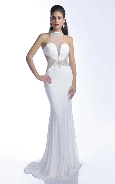 Mermaid Jersey Prom Dress with Sleeveless Crystal Halter and Keyhole Back