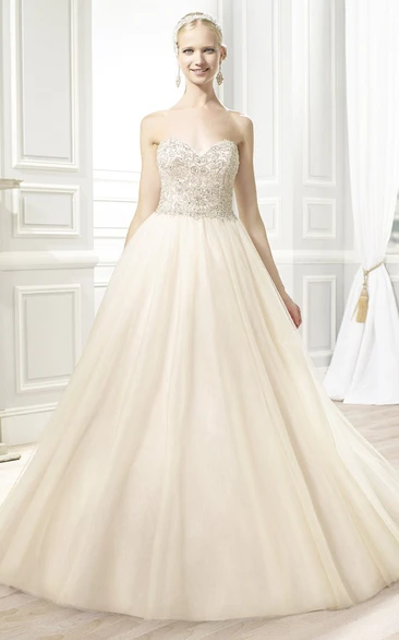 Ball Gown Tulle Wedding Dress with Beading and V Back Pleated Sweetheart Neckline Maxi Length