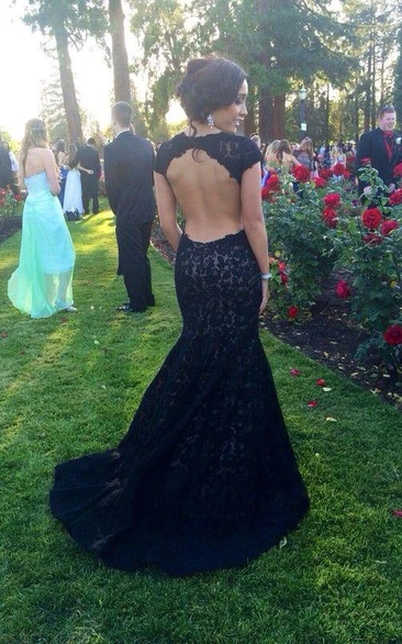 Black Lace Mermaid Cap Sleeve Prom Dress Modern Women's Formal Dress Sweep Train