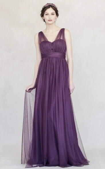 Empire Tulle Bridesmaid Dress with Ruched V-Neck Maxi Sleeveless Straps