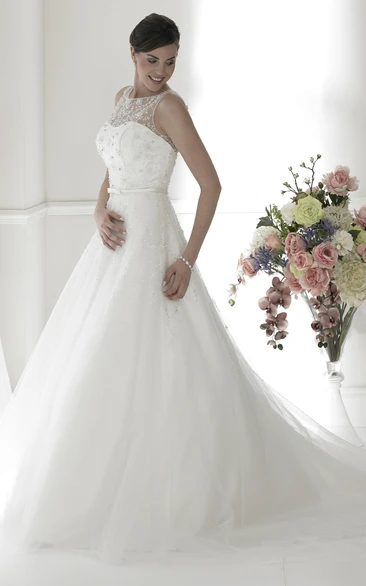 Beaded Tulle Wedding Dress with Illusion Back and Chapel Train Ball-Gown Sleeveless