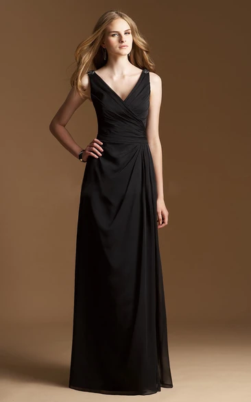 V-Neck Sleeveless A-Line Long Bridesmaid Dress with Jewels and V-Back