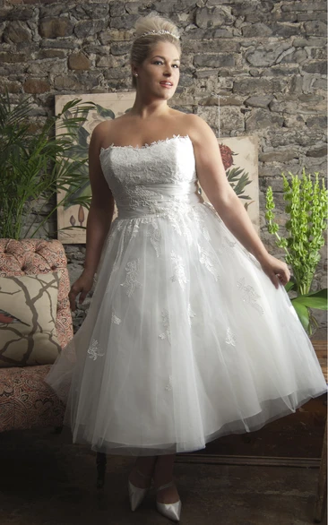 Tea-Length Bridesmaid Dress with Lace and Tulle Overlay