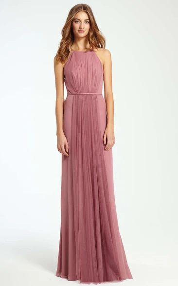 Sleeveless High Neck Tulle Bridesmaid Dress with Ruched Bodice Simple Dress