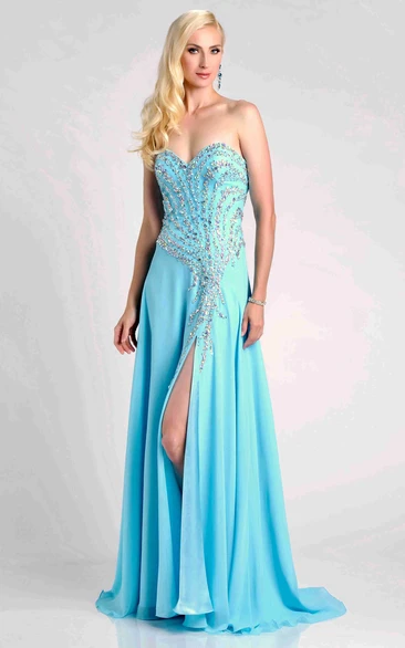 Crystal Detailed Sweetheart Chiffon A-Line Prom Dress Modern Prom Dress