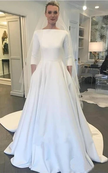 Modest A-line Bridal Gown with Ruched Detailing Satin Fabric and 3/4 Sleeves
