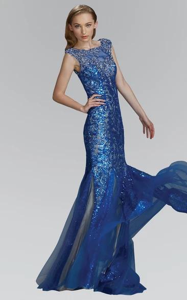 Bateau Cap-Sleeve Sequins Tulle Sheath Dress with Beading