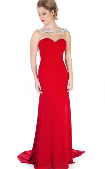 Beaded Sleeveless Sheath Jersey Evening Dress with Bateau-Neck