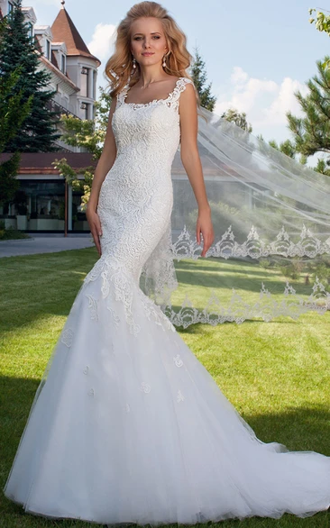 Square Appliqued Lace&Tulle Wedding Dress Mermaid Chapel Train