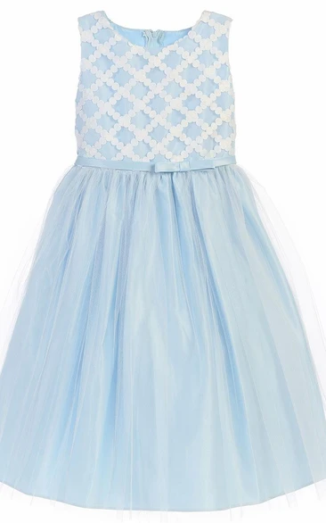 Sleeveless Tea-Length Tulle and Satin Flower Girl Dress with Bow