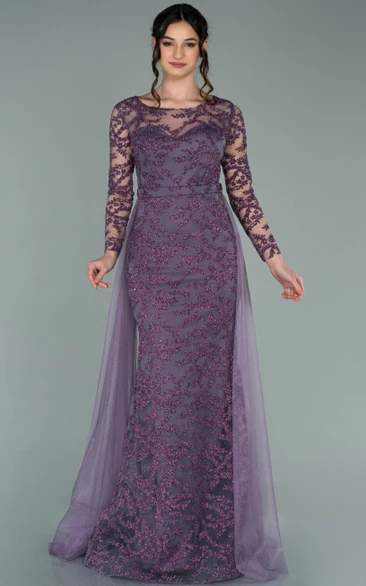 Bateau Lace Tulle Evening Dress with Removable Skirt and Long Sleeves