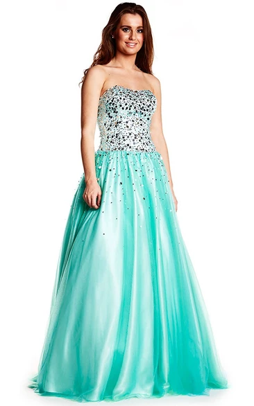 Strapless A-Line Prom Dress with Beaded Bodice and Bow Floor-Length Tulle and Satin Gown