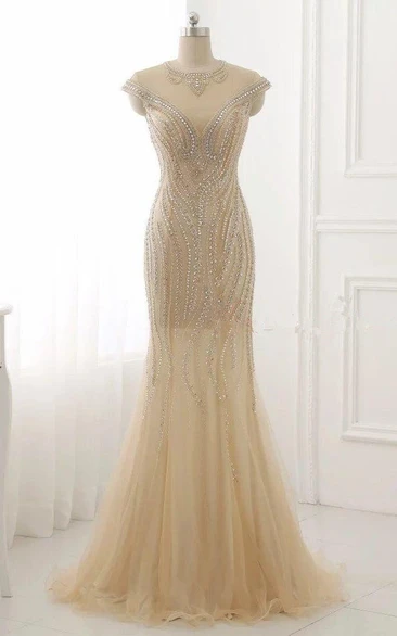 Mermaid Tulle Formal Dress with Sequins Cap Sleeve