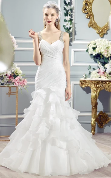 Organza Ruffled Strapless A-Line Wedding Dress with Beading and Tiers