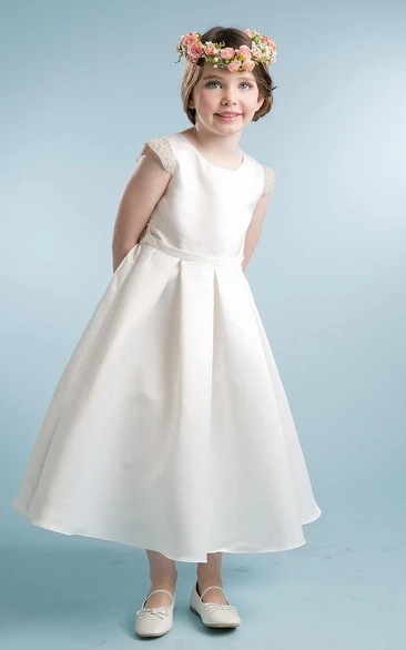 Satin Cap-Sleeve Tea-Length Flower Girl Dress with Pleats