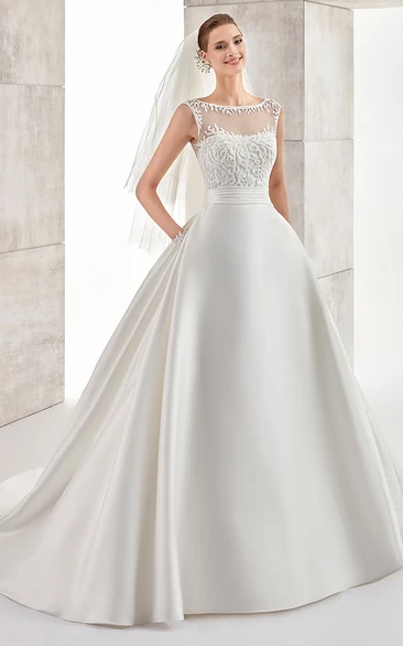 Lace Bodice A-Line Wedding Dress with Cap Sleeves and Satin Skirt