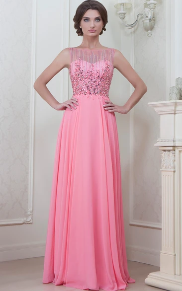 Beaded Jewel-Neck Sleeveless Chiffon Formal Dress A-Line Style