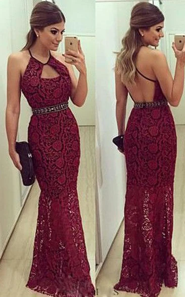 Floor-Length Sleeveless Mermaid Formal Dress with Lace Detail