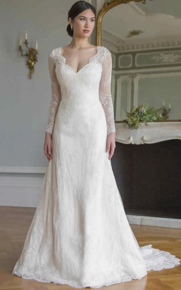 Illusion Long-Sleeve Lace A-Line Wedding Dress with V-Neck Unique Bridal Gown
