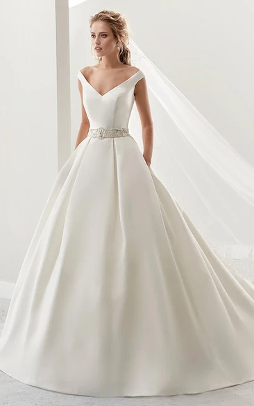 Satin V-Neck A-Line Bridal Gown with Beaded Belt and Brush Train