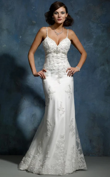 Spaghetti Strap Lace Sheath Wedding Dress with Waist Jewelry Modern Bridal Gown