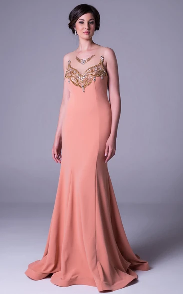 Sleeveless Beaded Sheath Jersey Prom Dress with Long Length