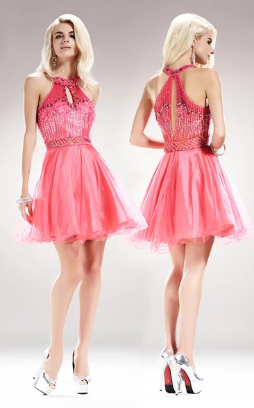 Sleeveless Tulle A-Line Dress with Beading and Sequins for Prom