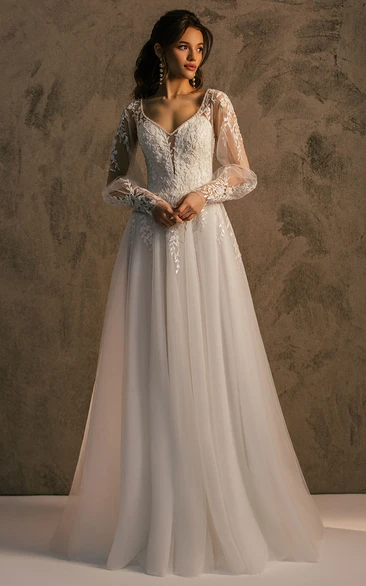 Bohemian V-neck Tulle Wedding Dress with Appliques A Line Sweep Train