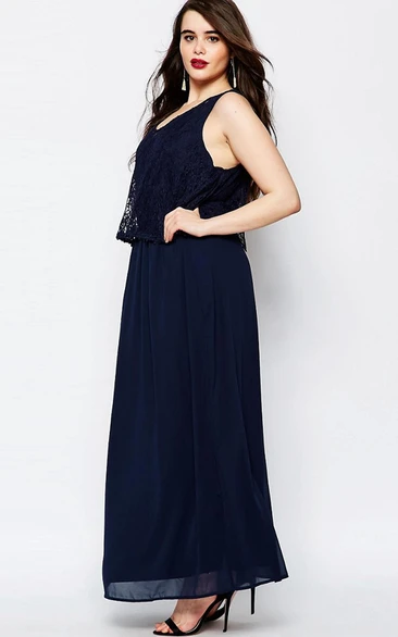 Lace Chiffon Sleeveless Bridesmaid Dress with V-Neck Ankle-Length