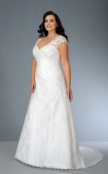 Lace Sheath Wedding Dress with Illusion Caped Sleeves and Sweep Train
