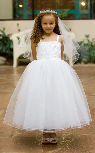 Criss-Cross Spaghetti Ankle-Length Tulle&Lace Flower Girl Dress with Straps Flowy Wedding Dress