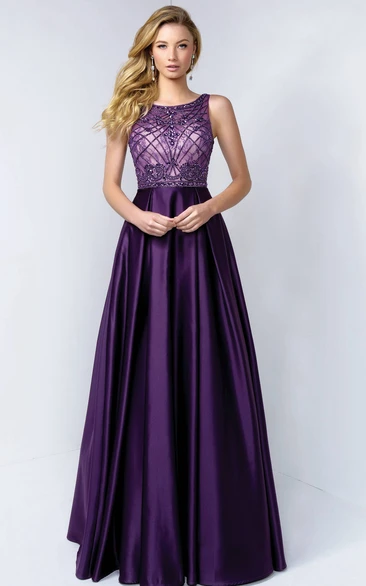 A-Line Satin Bateau Long Dress with Low-V Back and Lace for Prom