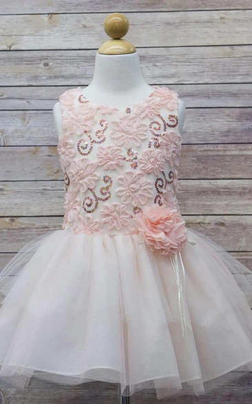 Midi Floral Tulle and Sequin Ribbon Flower Girl Dress with Embroidery