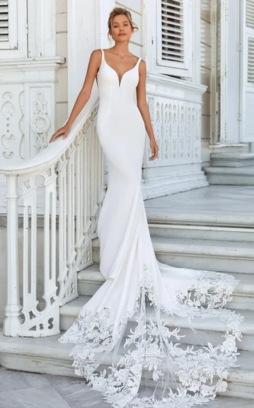 Sexy Simple Mermaid V-neck Lace Spaghetti Strap Long Wedding Dresses E –  DaintyBridal
