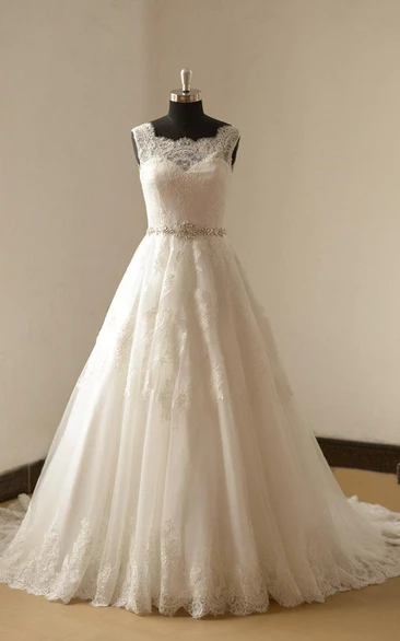 A-Line Lace Wedding Dress with Beaded Sash Train and Sleeveless Design