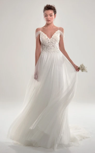 Off The Shoulder Lace and Tulle Bridal Gown Ethereal