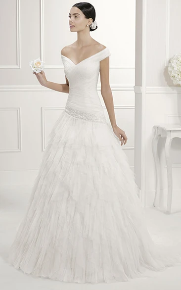 Drop Waist Off-Shoulder Wedding Dress with V-Neck and Tiered Tulle Skirt