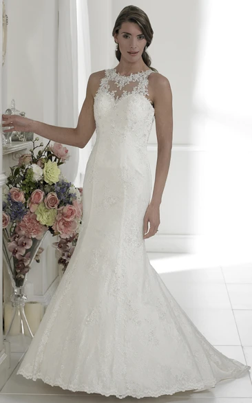 Appliqued Mermaid Lace Wedding Dress with Illusion Back and Watteau Train