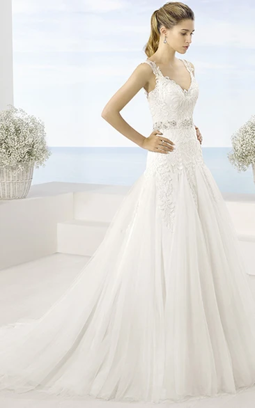 V-Neck Tulle Wedding Dress with Appliques and Pleats + A-Line + Floor-Length