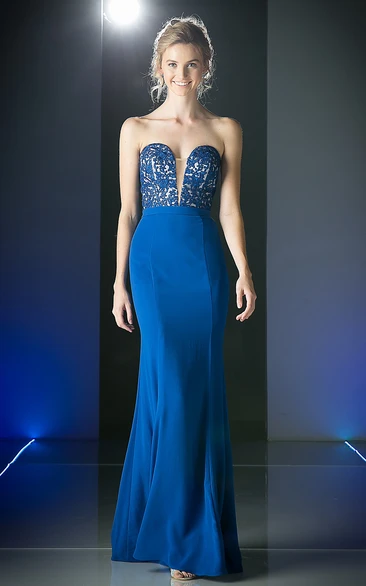 Long Sleeveless Sweetheart Sheath Formal Dress with Jersey Appliques